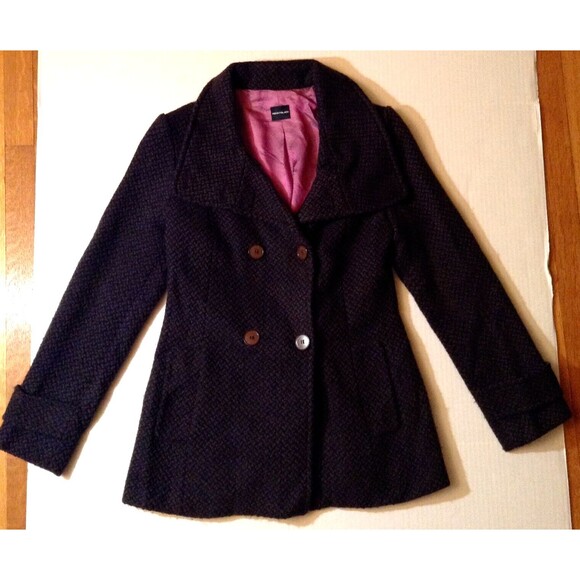 Vtg Wool Coat Women 8 Brown Pea Coat Tweed Double Breasted Boho Granny Retro 90s - Picture 1 of 12